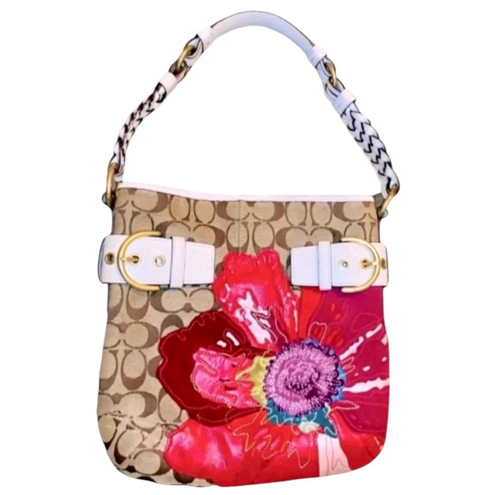 COACH RARE Vintage Khaki Signature Poppy Floral Appliqué Limited Edition
